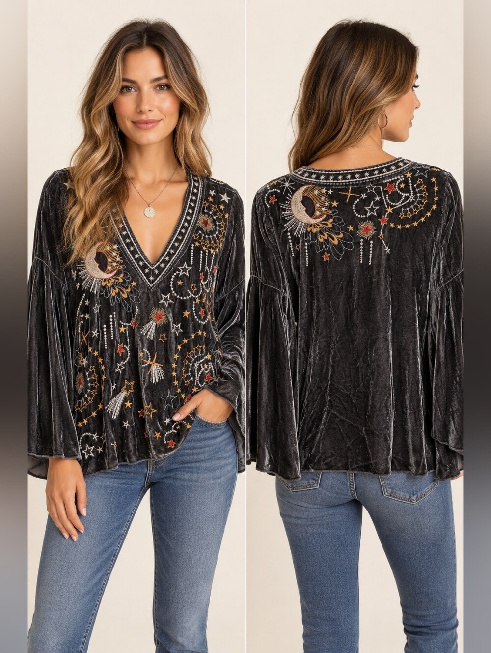 Johnny Was Celestial Embroidered Velvet Bell Sleeve Top Gray Small